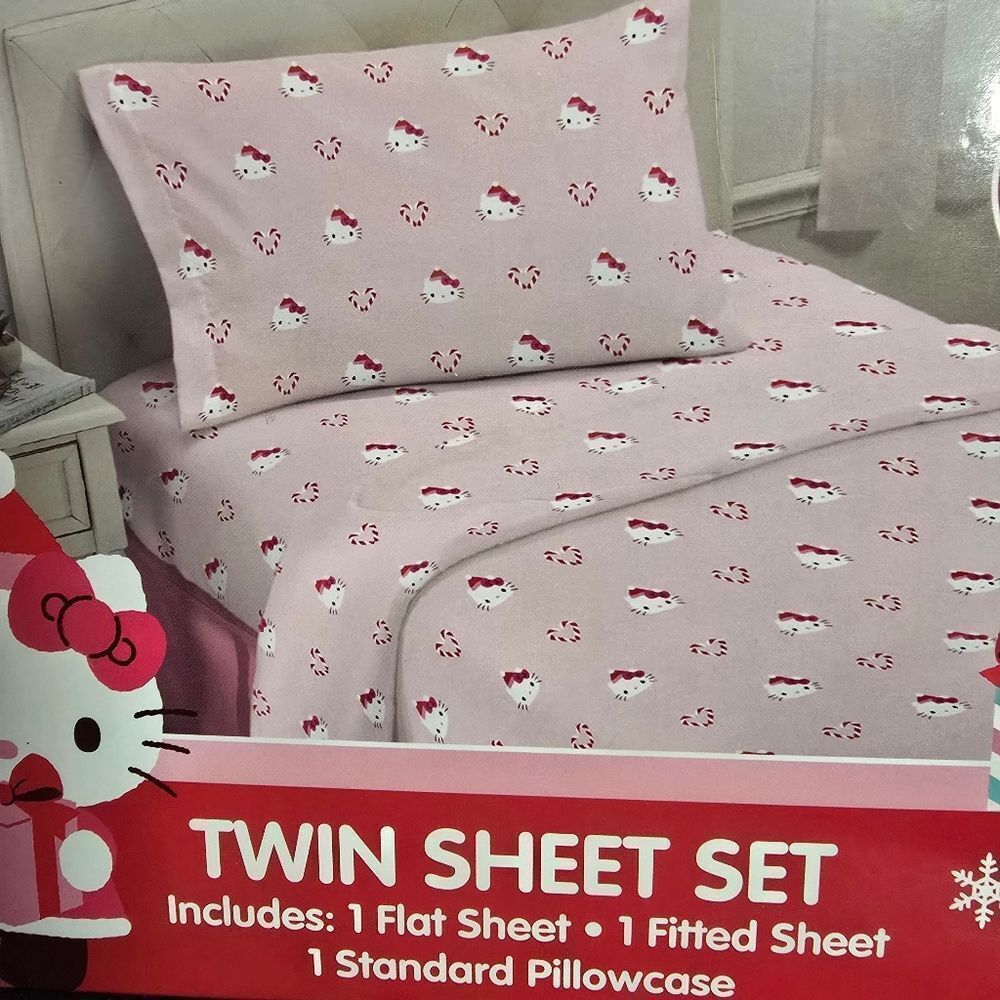 New Hello Kitty Candy Cane Christmas Love Kids Pink Twin Sheet Set